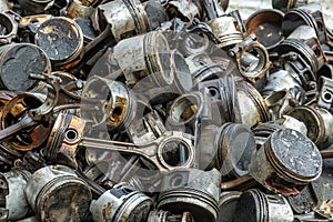 A lot of piston and connecting rod for recycling. Scrap engines parts