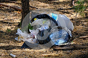 Lot plastic and food waste forest, pollution environment and forests