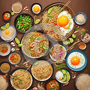 A lot of plates of stir fried noodles on the table illustration drawing, Spicy sauce, Thai food.