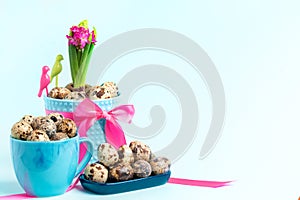 Lot of quail eggs, pink hyacinth in flower pot decorated by pink ribbon on pastel blue. Copy space.