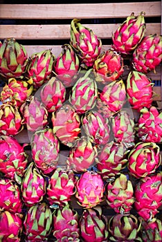 A lot of red ripe pitaya or white pitahaya dragon fruit on outdoor market.