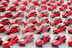 A lot of red toy cars in traffic jam. Car background.