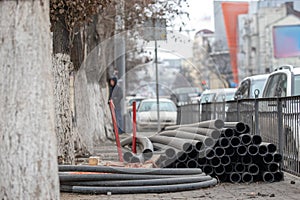 a lot of rubber pipes on the pavement near a tree and roa