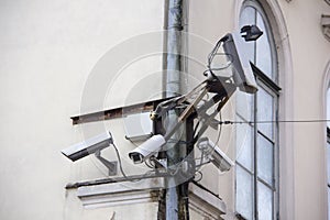 A lot of Security cctv cameras on the wall