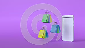 A lot of shopping bag come out from white mobile phone on purple background, online shopping concept 3d rendering