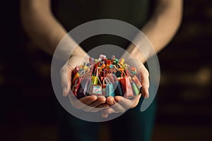 A lot of shopping bag in female hands. Over consumption. Generative AI