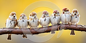 A lot of small funny birds sparrows sitting on a branch on the panoramic picture