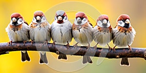 A lot of small funny birds sparrows sitting on a branch on the panoramic picture