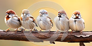 A lot of small funny birds sparrows sitting on a branch on the panoramic picture