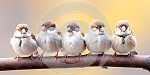 A lot of small funny birds sparrows sitting on a branch on the panoramic picture