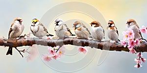 A lot of small funny birds sparrows sitting on a branch on the panoramic picture