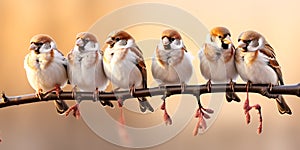 A lot of small funny birds sparrows sitting on a branch on the panoramic picture