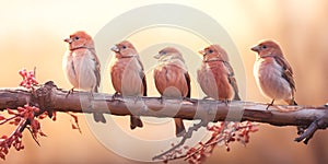 A lot of small funny birds sparrows sitting on a branch on the panoramic picture