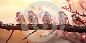 A lot of small funny birds sparrows sitting on a branch on the panoramic picture