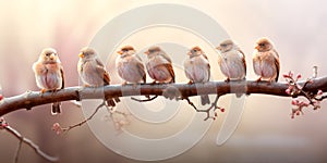 A lot of small funny birds sparrows sitting on a branch on the panoramic picture