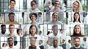 Lot of smiling multicultural faces looking at camera. Human resource society database concept.