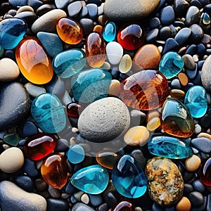 A lot of stones of different shapes on the ocean or sea on a beach. Glowing natural colored polish sea glass and stones