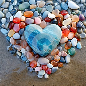 A lot of stones of different shapes and in the shape of a big heart in the center on the ocean or sea sandy beach