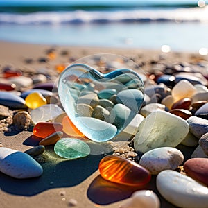 A lot of stones of different shapes and in the shape of a big heart on the ocean or sea on a sandy beach. Glowing