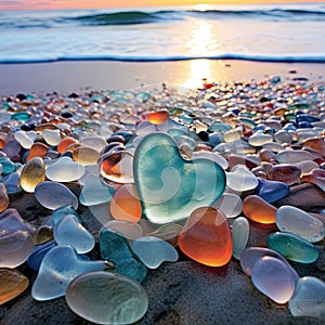 A lot of stones of different shapes and in the shape of a big heart on the ocean or sea on a sandy beach. Glowing