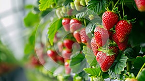 A lot of strawberries on the branches in the greenhouse. Selective focus.