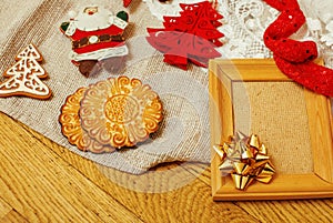 Lot of stuff for handmade gifts, scissors, ribbon, paper with countryside pattern, ready for holiday concept, nobody