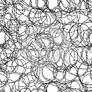 Lot of tangled barbed wire, black silhouette seamless pattern on white