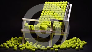 A lot of tennis balls on a wooden chair