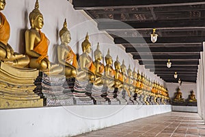 A lot of thai golden buddha statue are arranging in Ayutthaya temples