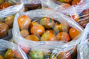 A lot of tomato put in plastic bag in market for wholesale and retail