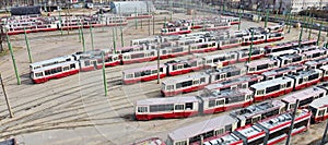 Lot of trams in tramway depot