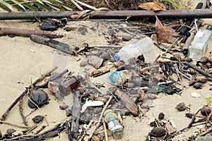 a lot of trash on the beach used plastic bottles and wooden sticks