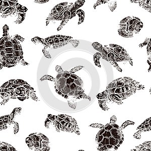 Lot of turtles of different species in linocut retro style, vintage silhouettes of turtles, seamless pattern on white