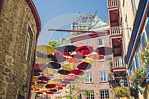 Lot of Umbrellas in Petit Champlain street Quebec city, Canada