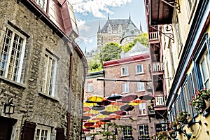 Lot of Umbrellas in Petit Champlain street Quebec city, Canada