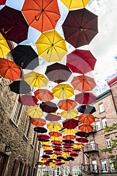 Lot of Umbrellas in Petit Champlain street Quebec city, Canada