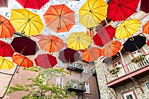 Lot of Umbrellas in Petit Champlain street Quebec city, Canada