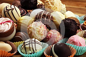 A lot of variety chocolate pralines, belgian confectionery gourmet chocolate praline