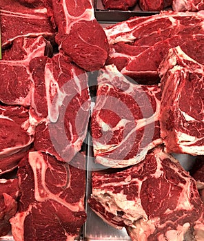 A lot of veal meat on supermarket shelves