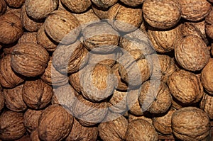A lot of walnuts. Walnuts close-up. Background.