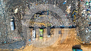 A lot of waste is disposed of in the waste disposal pits. Loaders is working on a mountain garbage. Aerial view and top view