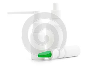 A lot of white bubbles, aerosols, sprays, antiseptics on a white background front view, mock up, close-up, isolate. Layout for