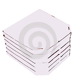 Lot of white carton pizza boxes, isolated on white, front view. Pizza delivery