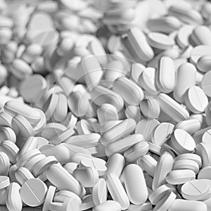 A lot of white medication and pills close up 3d render