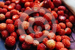a lot of wild strawberries on a clay saucer, top view of forest red berries on a plate, wood style, farming