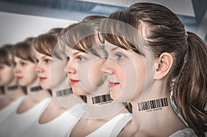 A lot of women in a row with barcode - genetic clone concept