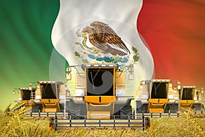 A lot of yellow farming combine harvesters on farm field with Mexico flag background - front view, stop starving concept -