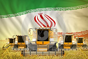 A lot of yellow farming combine harvesters on rural field with Iran flag background - front view, stop starving concept -