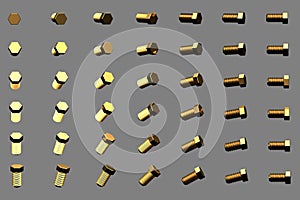 A lot of yellow, golden screws rotated by different angles isolated on grey - nice industrial 3D illustration, pic for designer