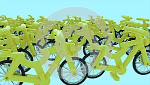 A lot of yellow plastic bycicle toys in skyblue backgroung